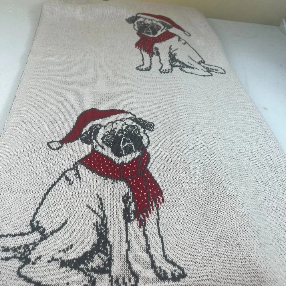 Holiday Pug Knit Throw Blanket 50x60 Christmas Dog Santa Hat Scarf Cotton